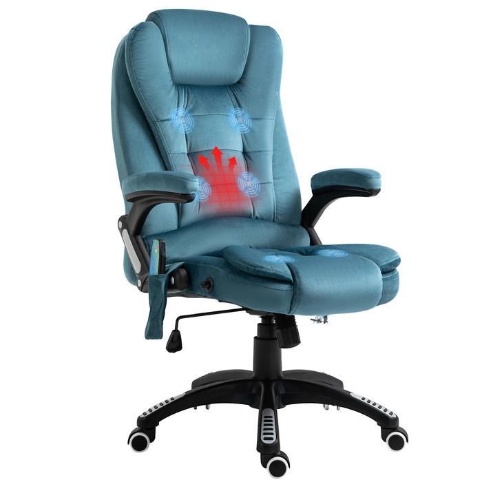 Fauteuil de bureau massant chauffant hauteur réglable dossier inclinable pivotant 360° télécommande filaire tissu polyester bleu