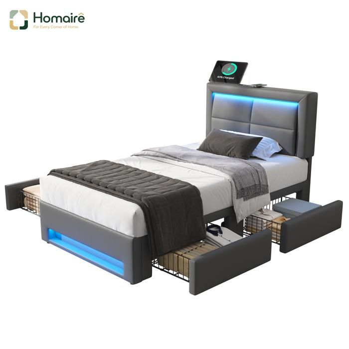 Lit de rangement capitonné avec éclairage LED chargeurs USB 4 tiroirs cadre à lattes stable gris HOMAIRE