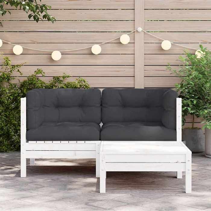 Promo“Salon de Jardin 3 pcs avec Coussins Blanc Bois de Pin Massif 635 x 635 x 625 cm 960927