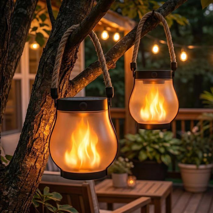 Macchiatto lanterne solaire extérieur 2 pcs flamme LED 2 modes solaire + USB-C IP65 étanche jardin suspendu/posé