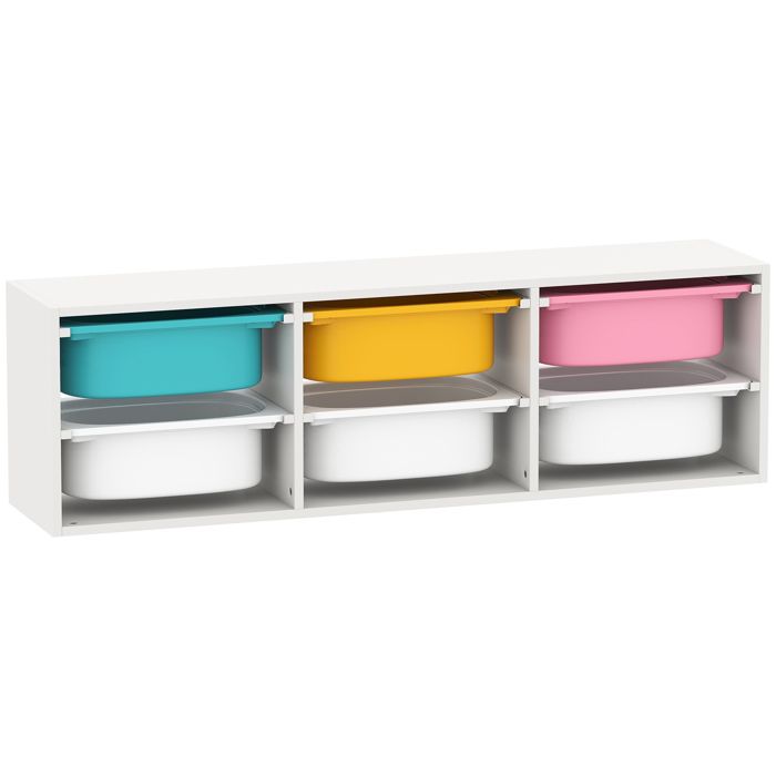 FSX Étagère de rangement pour jouets enfants en bois avec 6 conteneurs amovibles en plastique multicolore