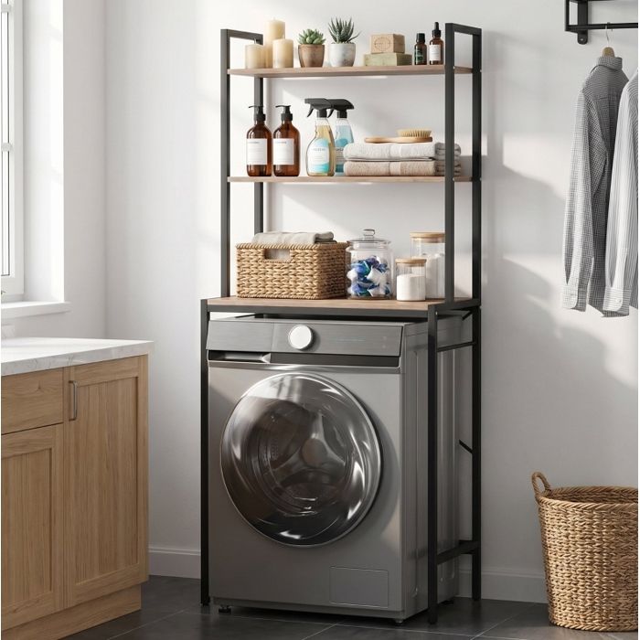 Colonne salle de bain étagère machine à laver 3 niveaux avec barre de séchage métal marron 67 x 40 x 161 8 cm JOINERY