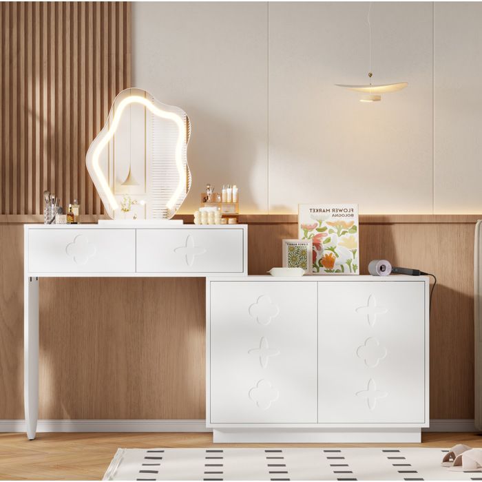 Coiffeuse blanche avec miroir LED 160 x 40 x 132 cm 2 tiroirs meuble latéral 2 portes lumière réglable VEVXYN