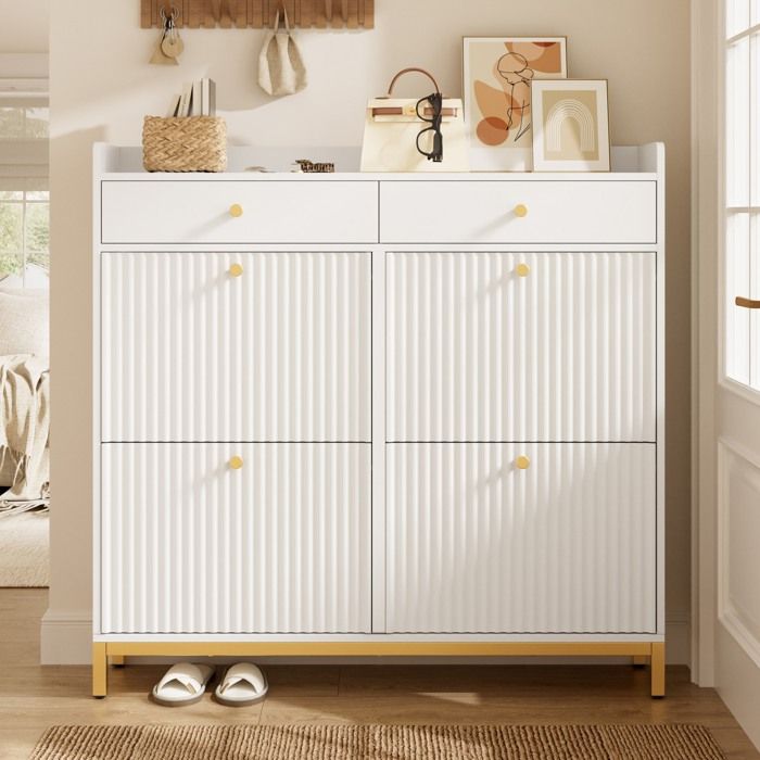 Armoire à chaussures Adapté pour le couloir et la chambre Basket à chaussures étroite avec 4 portes pliantes et 2 tiroirs Blanc
