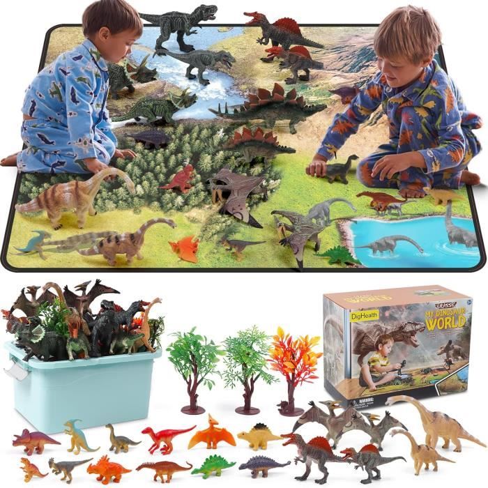 Coffret Dinosaures Géant 8 Figurines + Tapis Jeu 70x80 Cm – Accessoires Arbres, œufs, Wigwam – Cadeau Enfant 3-6 Ans