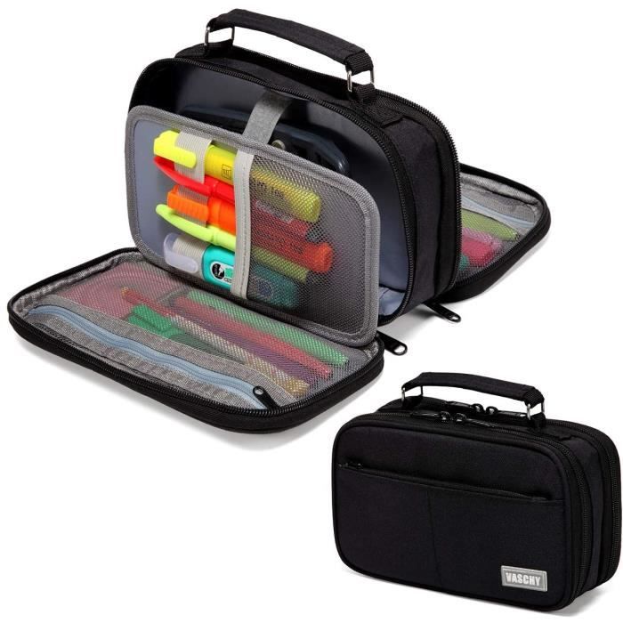 Trousse KALIDI 2 Poches – Grande Capacité 67-70 Crayons – Poignée De Transport – Noire – Pour École, Bureau, Étudiants – 20x9x9 Cm