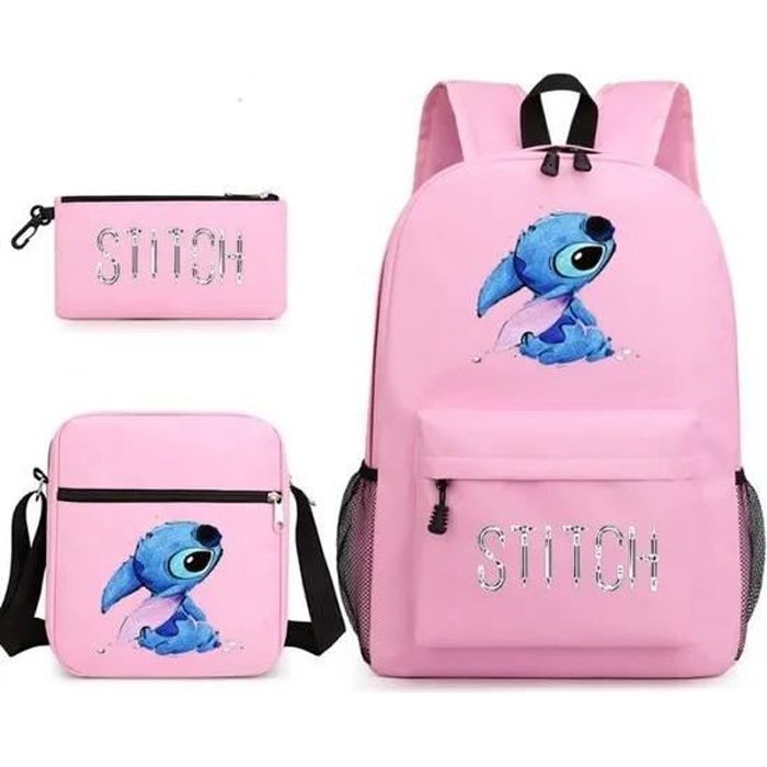 Lot de 3 Stitch Sac à Dos Cartable, Sacoche et Trousse à crayons Rose