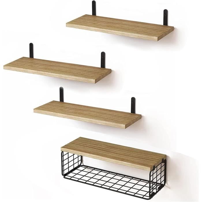 Étagère Murale En Bois Pour Salle De Bain Avec Panier - Cadre Métal Noir, Rangement Pratique Pour Serviettes Et Produits - 10
