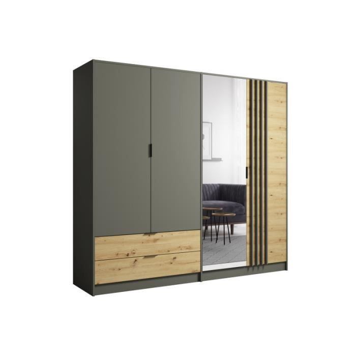 armoire 4 portes avec miroir + 2 tiroirs rimini - naturel - divaco - chêne artisan et noir graphite