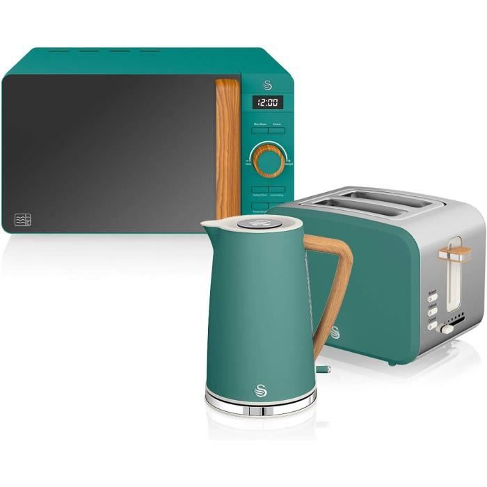Set Petit-Déjeuner Swan Nordic - Bouilloire 1.7L, Grille-Pain 2 Tranches, Micro-ondes 20L - Design Bois Gris
