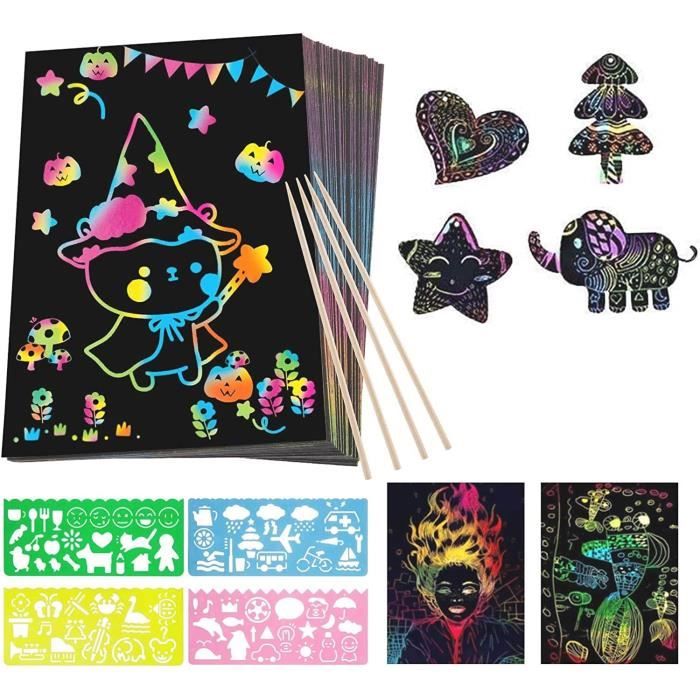 Kit Dessin à Gratter Pour Enfants 50 Feuilles - Avec Stylets, Règles Et Taille-Crayon