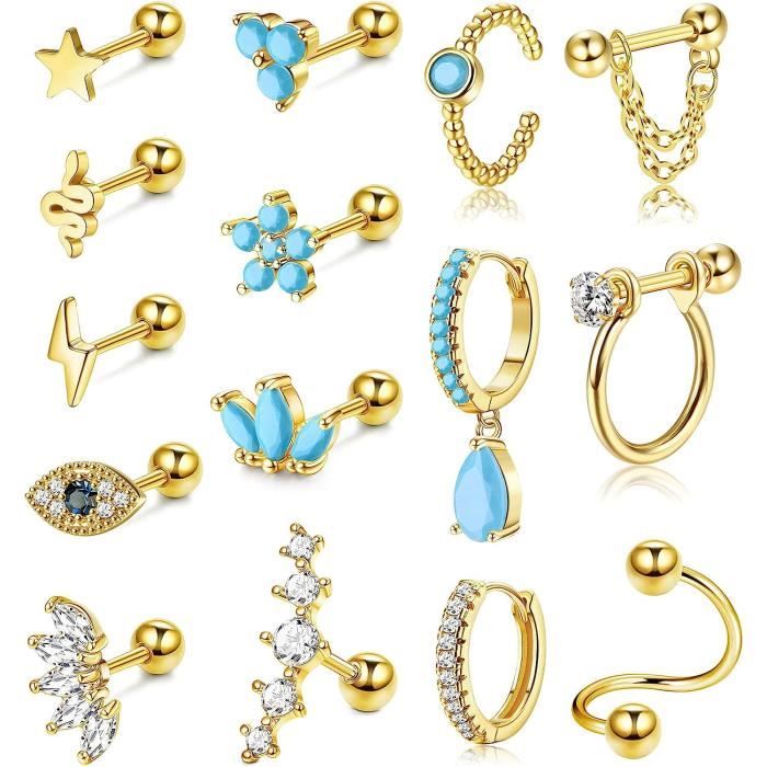 Boucle D'oreille Cartilage Fleur Zircone - Pour Hélice Et Lobe, Acier Inox, Neuf Sans Emballage
