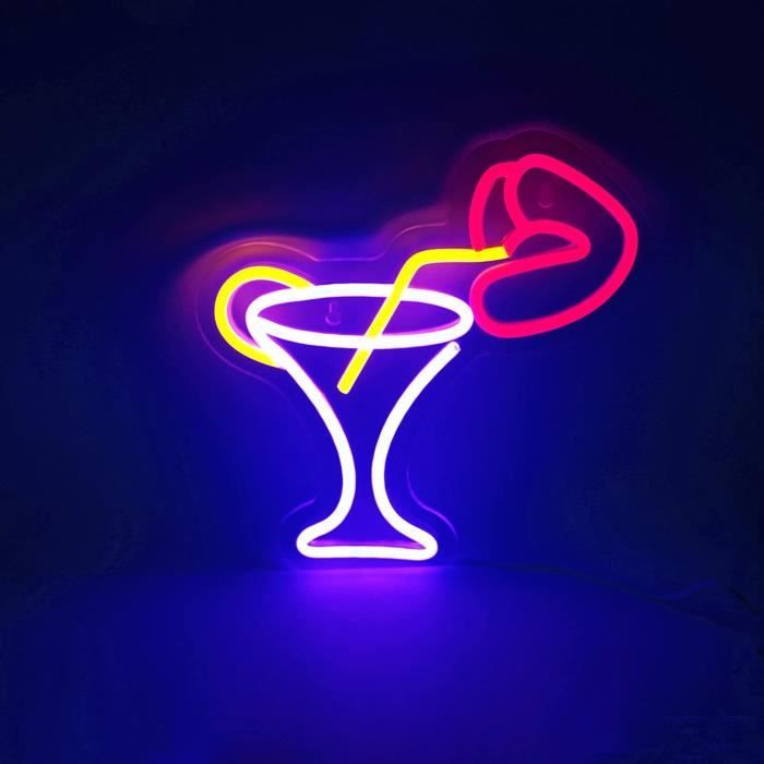 Enseigne Néon LED Bar Verre à Vin Bleu – Lumière USB Murale Pour Bar, Chambre, Fête, Karaoké, Noël