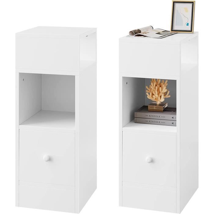 EUGAD 2x Table de Chevet ÉtroiteMeuble de Rangement Compacteavec 2 Compartiments Ouverts et 1 Tiroir25x30x66cmBlanc 0179ZZ-2