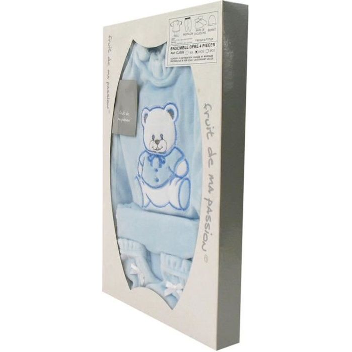 Coffret Ensemble bébé 4 pièces 0 à 3 Mois bleu - Motif Nounours