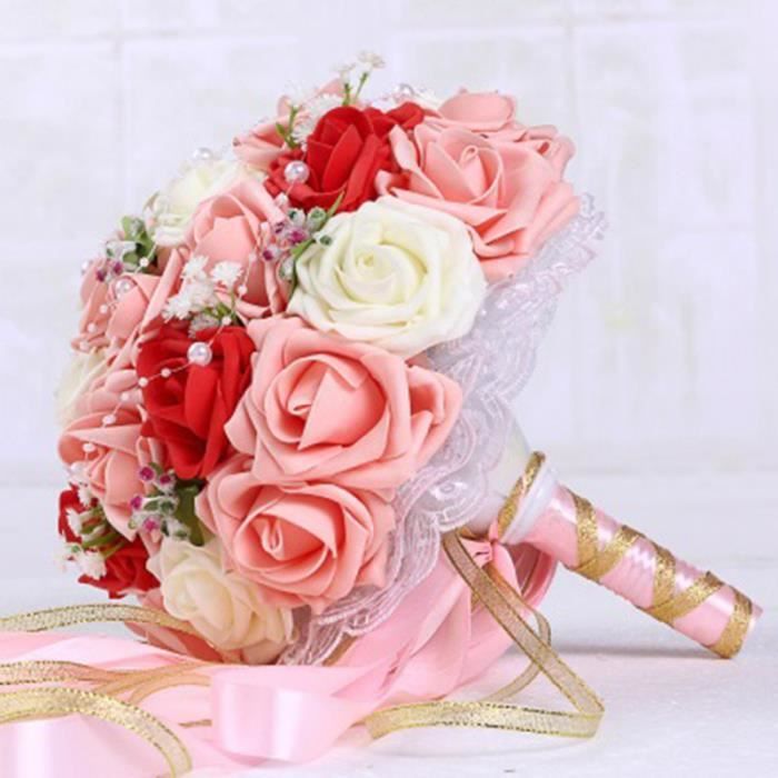 Bouquets de mariage Rouge + rose + blanc fait à la main fleur de mariée  cadeaux de fête de mariage accessoires de mariage fleurs poi - Cdiscount  Maison