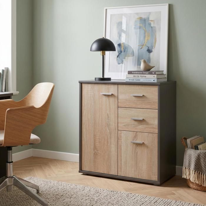 Buffet salle à manger REMY L 60 cm coloris gris et sonoma avec 2 portes et 2 tiroirs bahut bas meuble de rangement Buffet salle à manger REMY L 60 cm coloris gris et sonoma avec 2 portes et 2 tiroirs bahut bas meuble de rangement