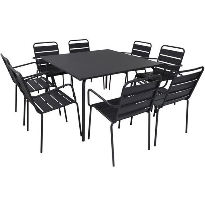 Table de jardin carrée en métal 120 cm et 8 fauteuils en métal