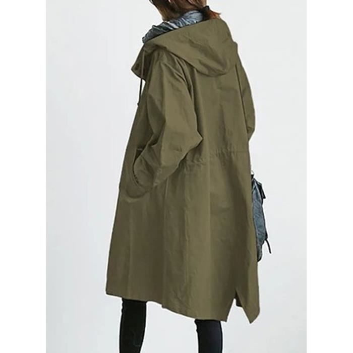 Femme Trench Coat Veste Loose avec poche Blouson Parka Manche longue Automne Printemps Vert