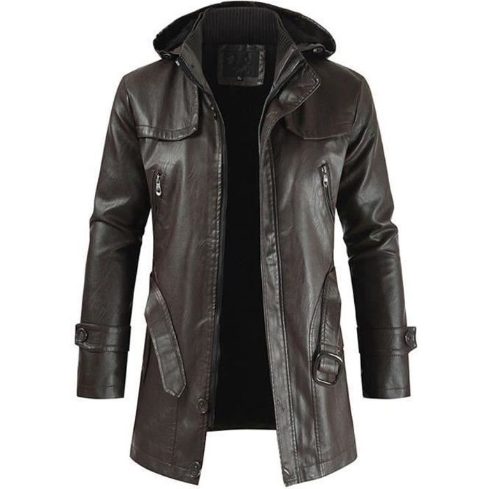 Funmoon manteau - caban - pardessus Les hommes d'hiver Veste en cuir Casual Zipper manteau à manches longues à capuche Top Blouses