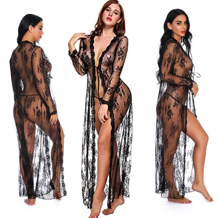 Lingerie pour femme Robe longue en dentelle sexy Robe transparente
