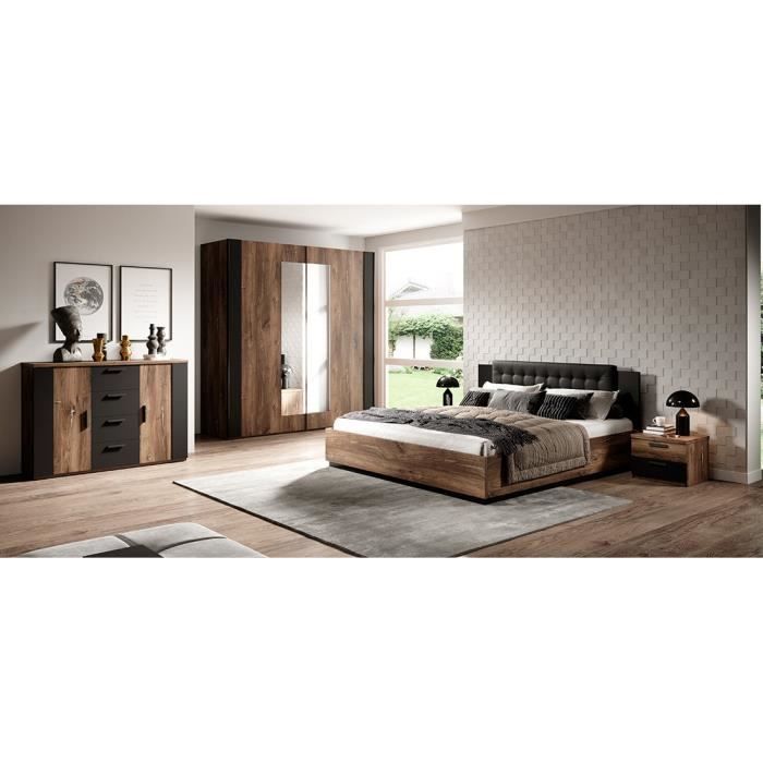Chambre à coucher complète FOX - Lit coffre 180x200 - Armoire - Commode - Chevets - Chêne foncé et noir