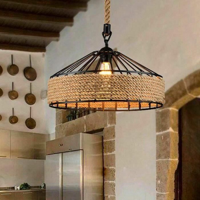 Asie du sud-est balle rotin rural pendentif lumière lampe coloré lustre à la main réglable plafonnier hot pot boutique chambre restaurant bar luminaire E27 lumière ijuo Color : Beige 