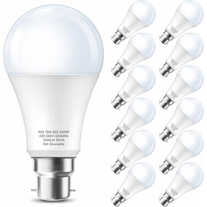 Eastiya Ampoule LED Blanc Froid 6000K B22,15W équivalent 150W Ampoule  Baillonette Culot Super Brillant 1500LM, A60, Non Dimmable Pour le Bureau à  Domicile, L'extérieur Lot de 6 : : Luminaires et Éclairage