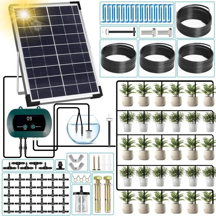 Kit Irrigation Goutte à Goutte Kit Arrosage Automatique Solaire - Minuterie 12 Modes + Tube 15m - Charge Solaire/USB Pour Plantes Arrosage Goutte à Goutte