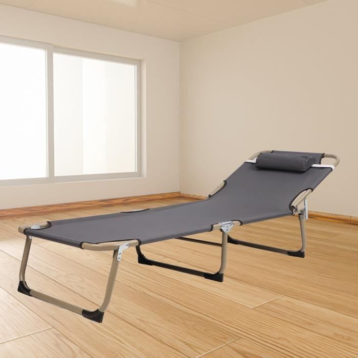 Lit De Camping Pliable Pour Adulte – Toile Oxford Et Coton – Supporte 500 Lb – Gris