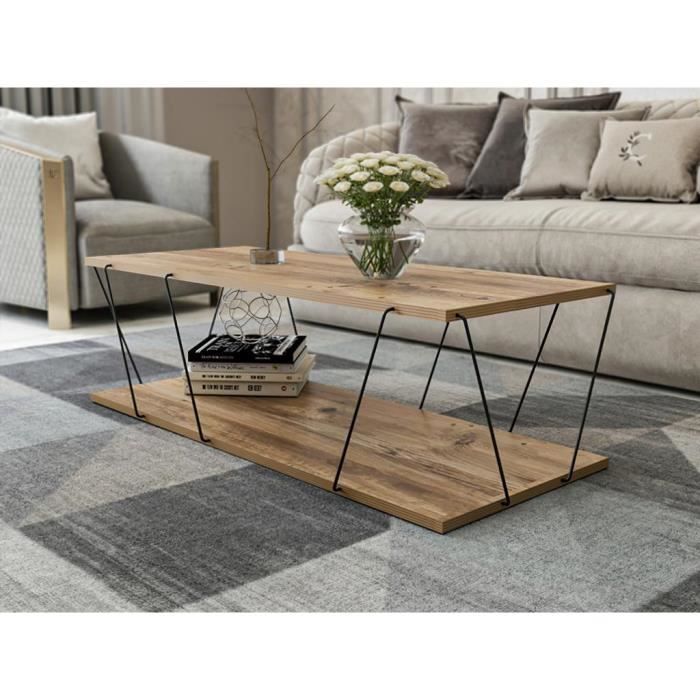 Table basse avec 1 étagère - Naturel et noir - DELORY - Contemporain - Design - 120 cm