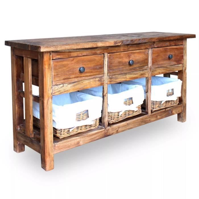 Buffet bas - VIDAXL - Bois de récupération massif - 3 tiroirs et 3 paniers en rotin - Style vintage
