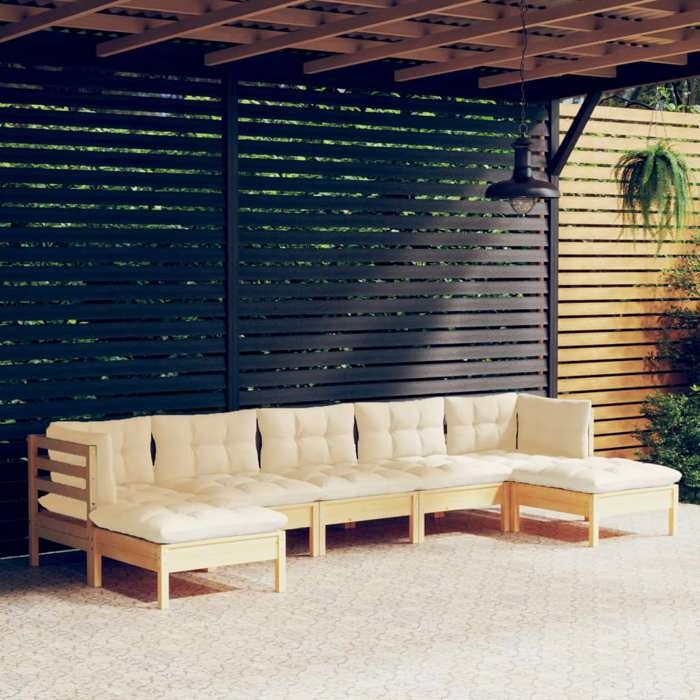 Salon de jardin 7 pcs avec coussins crème bois d'acacia vidaXL - vue 4