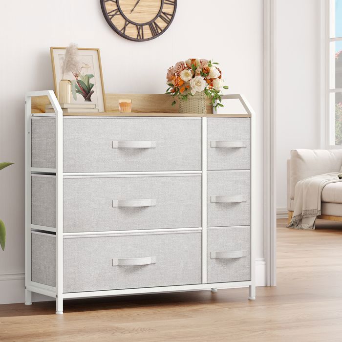 YITAHOME Commode 5 Tiroirs Tissu - Meuble Rangement Chambre Salon Gris Clair Avec Plateau Bois