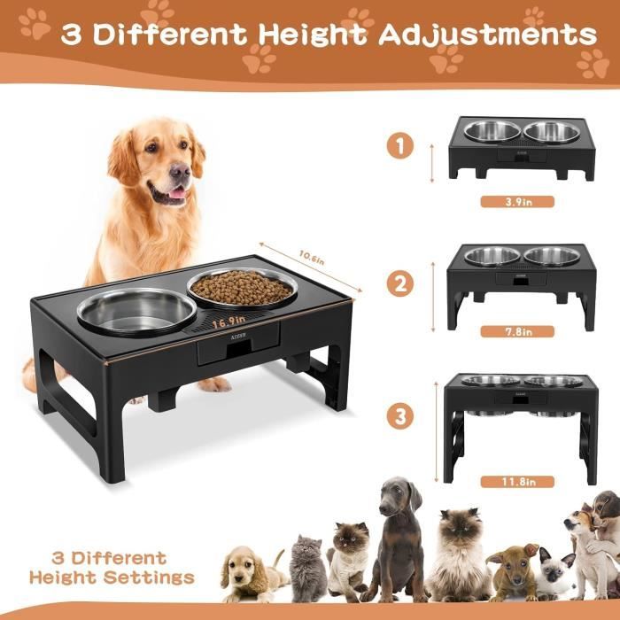 Gamelle Surélevée Pour Chien Et Chat – Support En Bois Massif Et Acier Inoxydable – Hauteur Réglable 6 Niveaux – Plateau Incliné 15° - 2