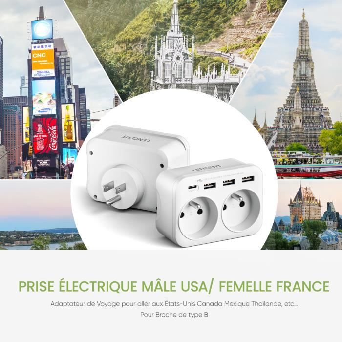 Adaptateur De Voyage VINTAR - Prise USA/Canada Vers Française - Blanc - Neuf