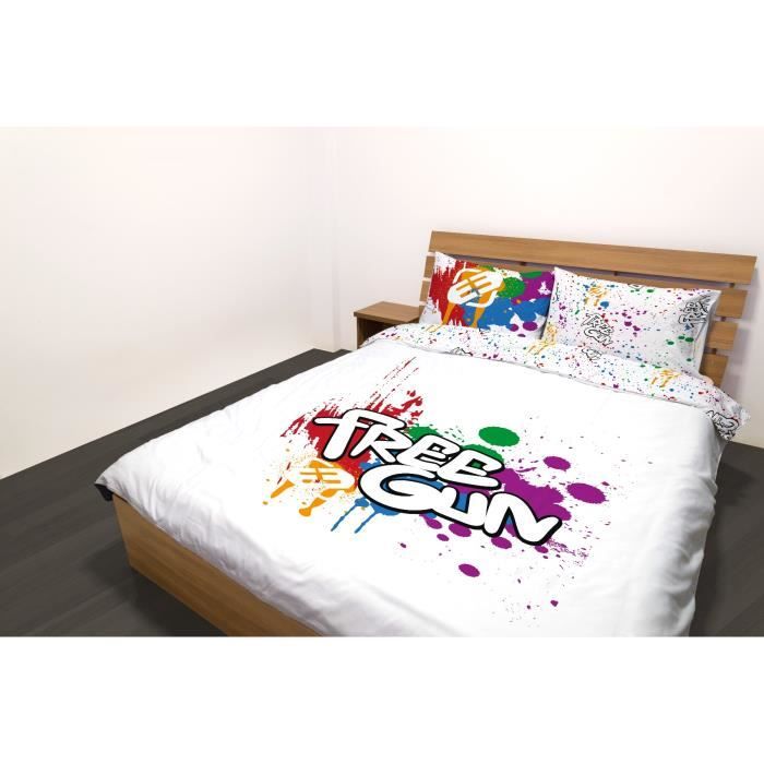 Freegun Housse De Couette Ado 200x200cm 2 Taies d oreiller 63x63cm Parure De Lit Blanc 100 Coton Cdiscount Maison