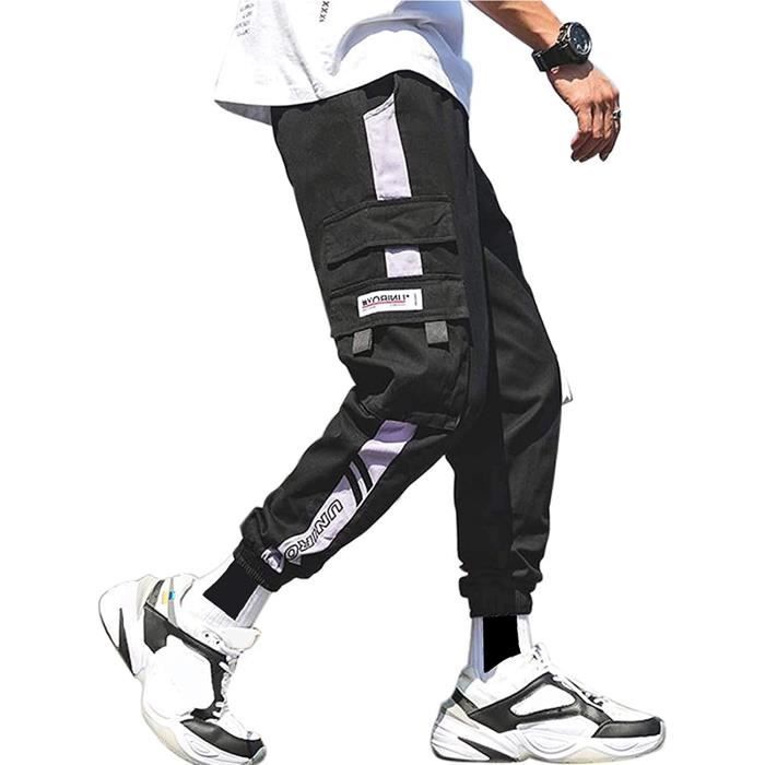 Pantalon de jogging pour hommes Punk Cargo Baggy Techwear Hip Hop Sarouel Streetwear Noir
