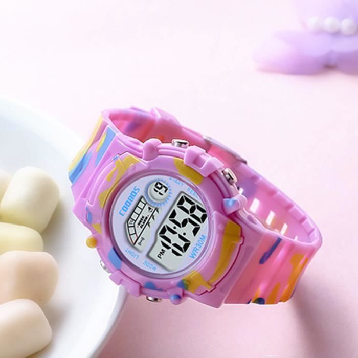 Montre Enfant Digitale Sport 50m Étanche - Alarme, Chrono, LED - Rose