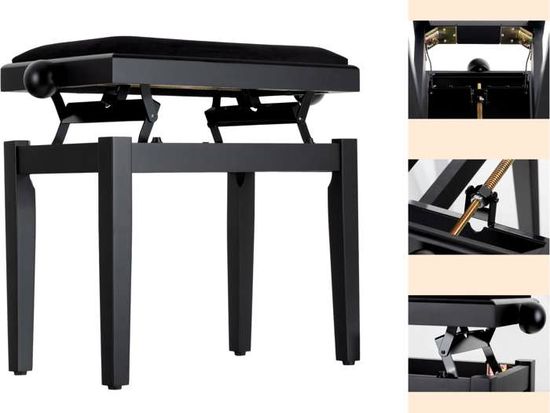 Tabouret De Piano Classic Cantabile - Noir Dépoli Velours - Réglable En Hauteur