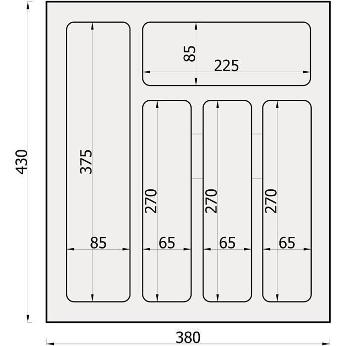 range-couverts divio pour tiroirs 45 cm largeur 38 cm x profondeur 43 cm  découpable avec 5 compartiments couleur: blanc [A45]