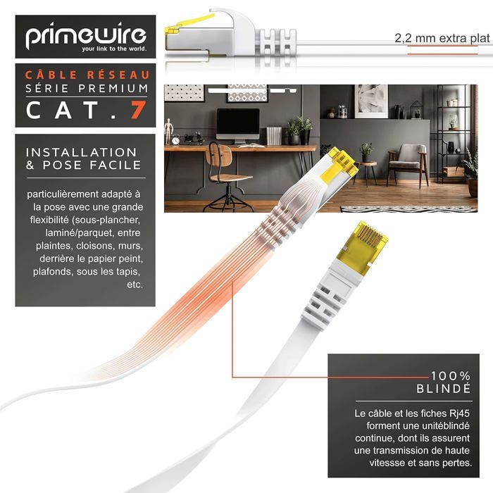 - 10M Câble Réseau Cat 7 Plat, Câble Ethernet 10 Mètres, Gigabit Réseau ...