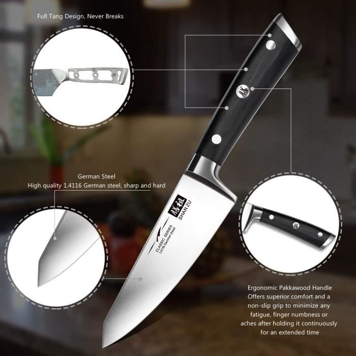 SHAN ZU Couteau Chef 5.5'', Couteau de Cuisine, Couteau de Chef  Profesionnel en Acier Allemand, Tranchant Couteau Lame 14cm Poignée -  Cdiscount Maison