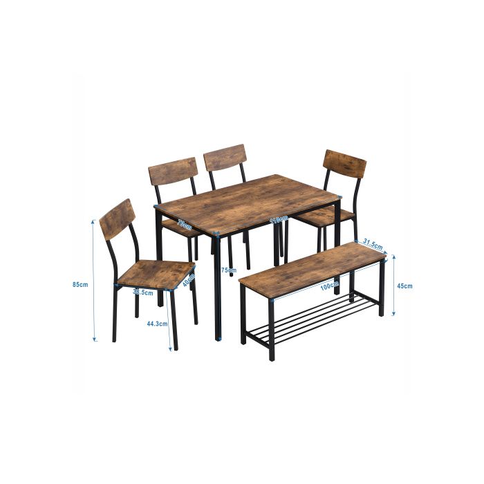 Ensemble Table à Manger 4 Places Avec 2 Chaises Et 1 Banc - Style Rustique Marron, 110x70 Cm, Pour Cuisine Ou Salle à Manger