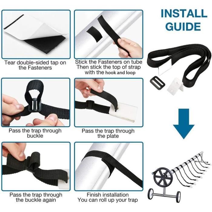 Kit Fixation Bâche Piscine - 8 Sangles, Clips Et Attaches Velcro, Pour Enrouleur Mobile (sangles 176,5 Cm)