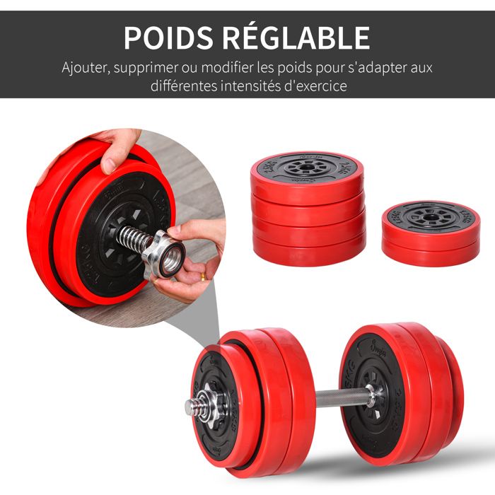 Kit Haltères 2 En 1 Réglable Homcom 15kg - Avec Barre De Connexion, 8 Disques, Revêtement Plastique - Pour Musculation Maison - 6