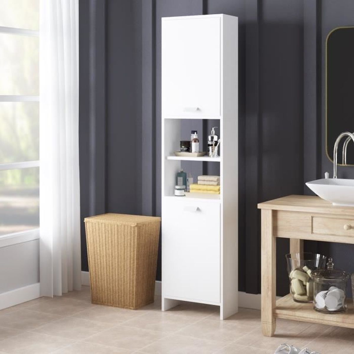 CASABEL Meuble Colonne de Salle de Bain avec 4 Compartiments, Armoire