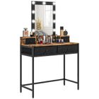 Coiffeuse HOMCOM Table de maquillage Miroir LED réglable intégré - pied en métal Noir - 4 tiroirs en tissu - Aspect bois foncé