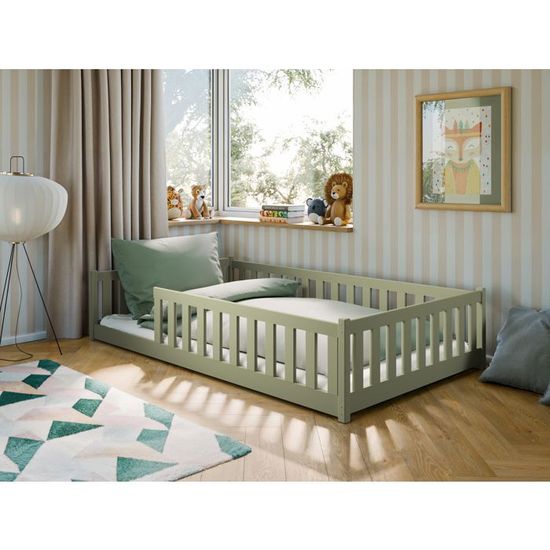 AIYAPLAY Lit Montessori pour Enfants 3-6 Ans, 140x70 cm Lit Simple pour Enfants avec côtés Anti-Chute et sommier à Lattes en Bois en Forme d'ours pour Chambre d'enfant, Vert