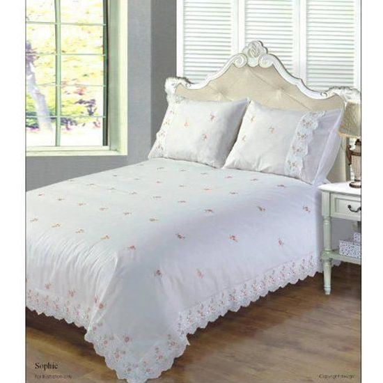 Sophie Bordure En Dentelle Motif Floral Brode Parure De Lit Avec Housse De Couette Coton Polyester Blanc Super King Cdiscount Maison